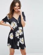 Asos Swing Dress With Button Front In Daisy Print - Multi