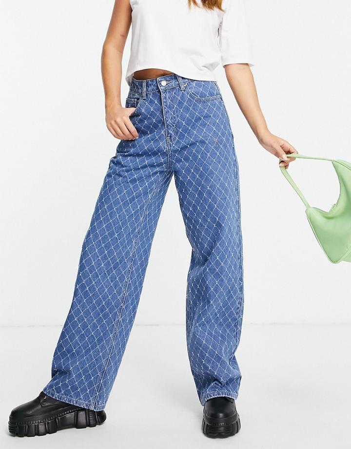 Lost Ink High Waist Straight Leg Jeans In Diamond Texture-blues