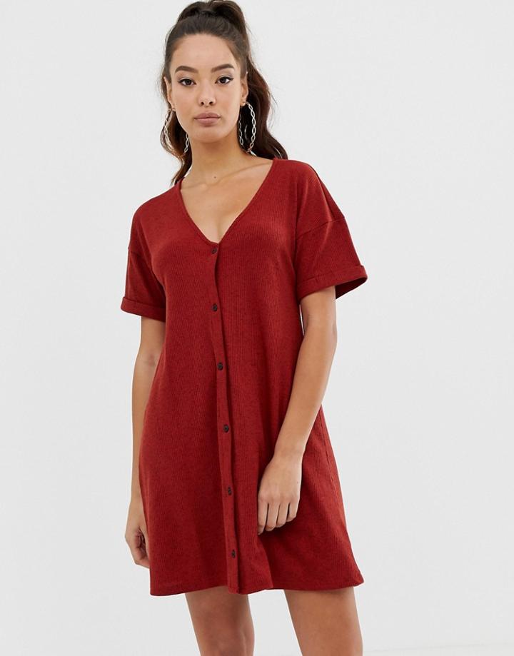 Asos Design Marl Rib Button Through Swing Dress - Red