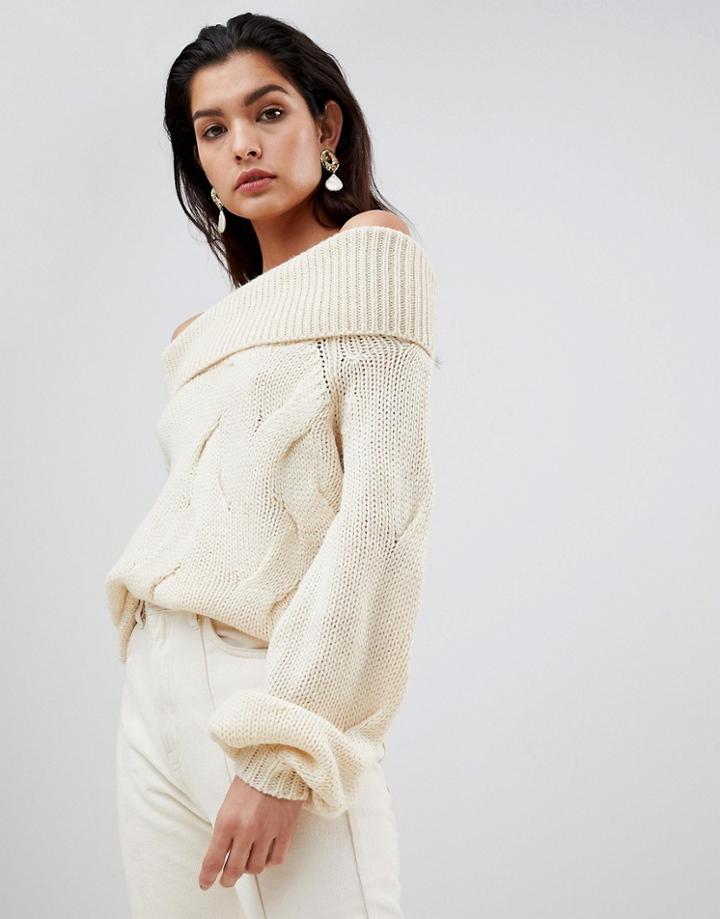 Vila Chunky Cable Knit Off Shoulder Sweater-cream