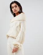 Vila Chunky Cable Knit Off Shoulder Sweater-cream