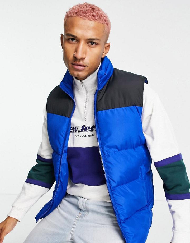 Asos Design Puffer Vest With Contrast Panel And Packable Hood In Cobalt Blue-blues