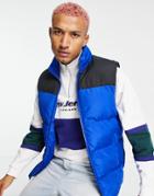 Asos Design Puffer Vest With Contrast Panel And Packable Hood In Cobalt Blue-blues