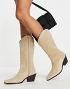 Asos Design Cactus Premium Suede Western Knee Boots In Sand-neutral