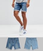 Asos Design 2 Pack Slim Denim Shorts With Abrasions In Light Wash Blue And Mid Wash Blue - Multi