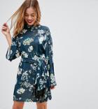 Asos Petite Kimono Sleeve Bird Print Dress With Self Fringe Belt - Multi