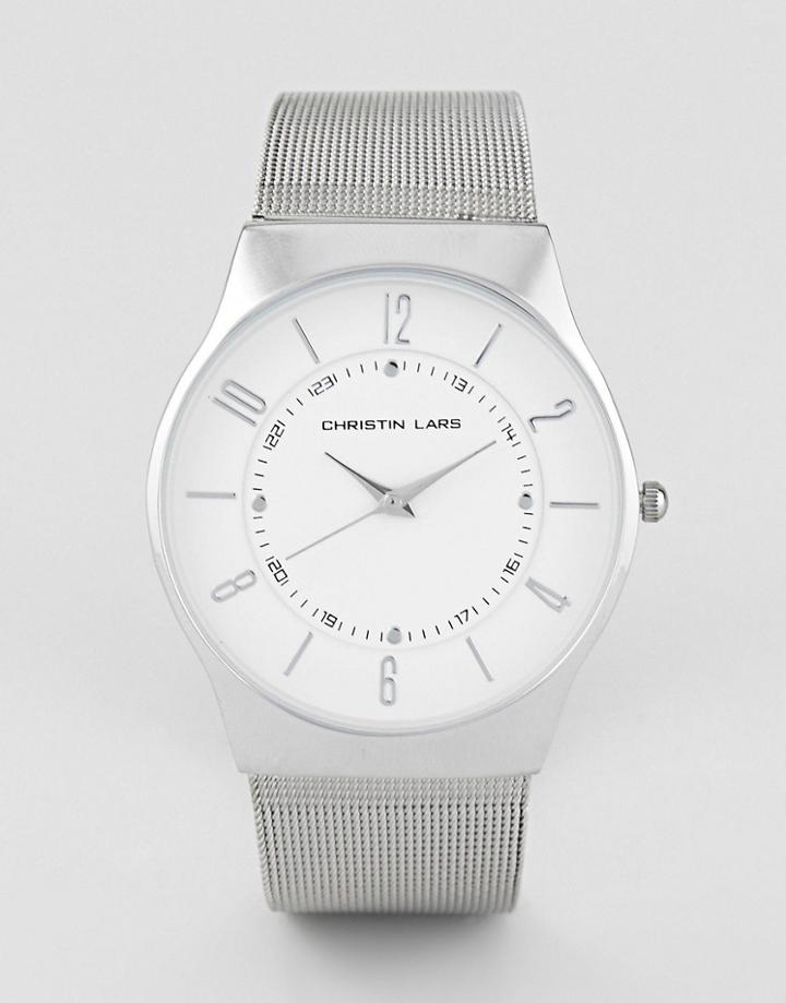 Christin Lars Mesh Strap Watch In Silver With White Dial - Silver