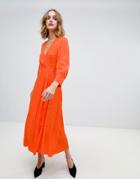 Warehouse Wrap Front Spot Midi Dress In Orange - Orange