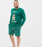Asos Design Plus Holidays Short Pyjama Set With Festive Pug Design - Green