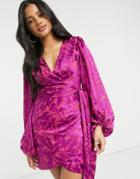Ever New Wrap Ruched Mini Dress With Balloon Sleeve In Bright Fuchsia-pink