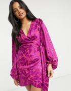Ever New Wrap Ruched Mini Dress With Balloon Sleeve In Bright Fuchsia-pink
