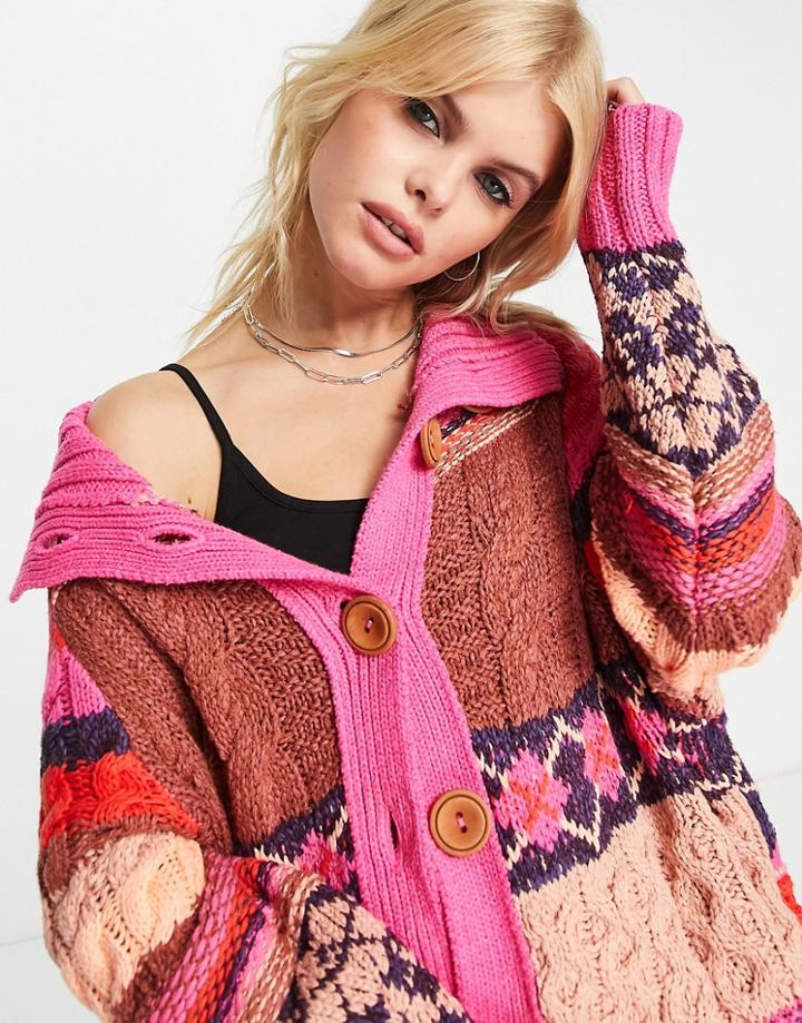 Free People Longline Argyle Smile Cardi-pink