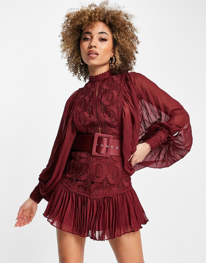Asos Design Lace Mini Dress With Pleated Sleeve And Belt In Burgundy-red