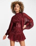 Asos Design Lace Mini Dress With Pleated Sleeve And Belt In Burgundy-red