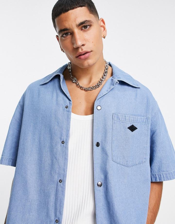 Topman Short Sleeve Revere Denim Shirt In Light Wash Blue-blues