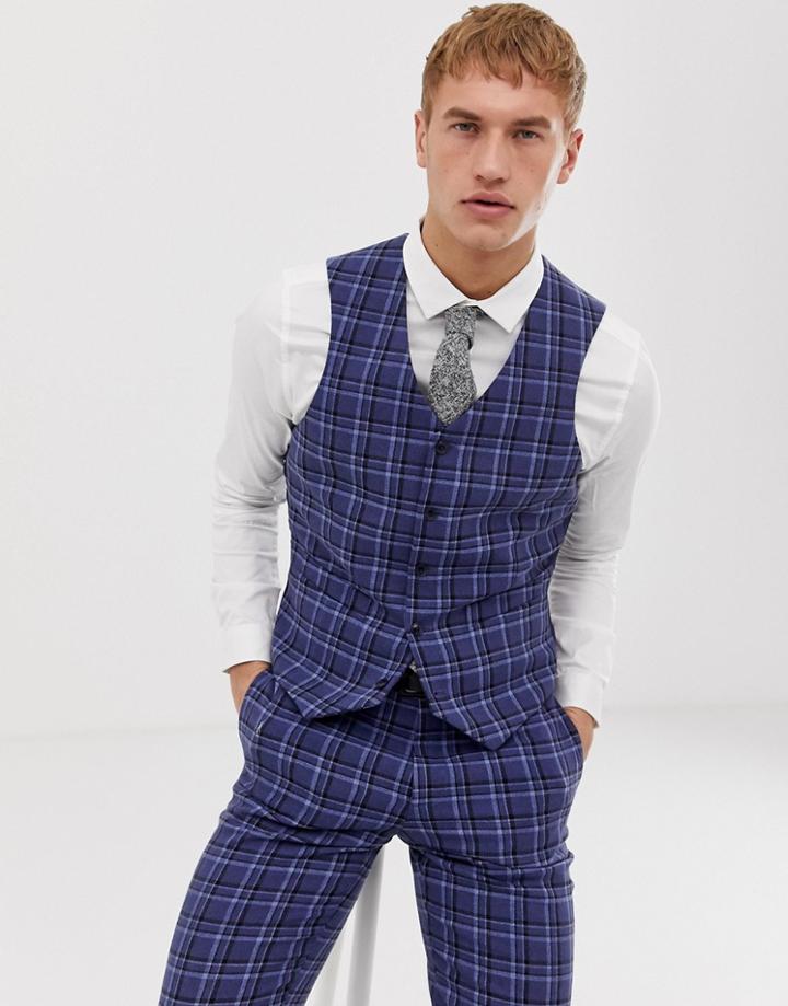 Asos Design Slim Suit Vest In Tonal Blue Wool Mix Check - Blue