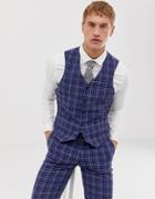 Asos Design Slim Suit Vest In Tonal Blue Wool Mix Check - Blue