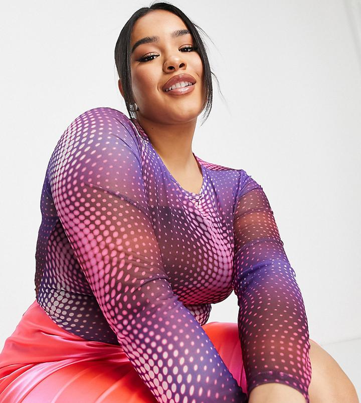 Asos Design Curve Mesh Top With Ruched Long Sleeves In Strobe Spot Print-multi