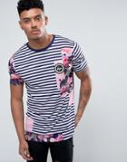 Hype T-shirt In Navy Stripe With Floral Patches - White