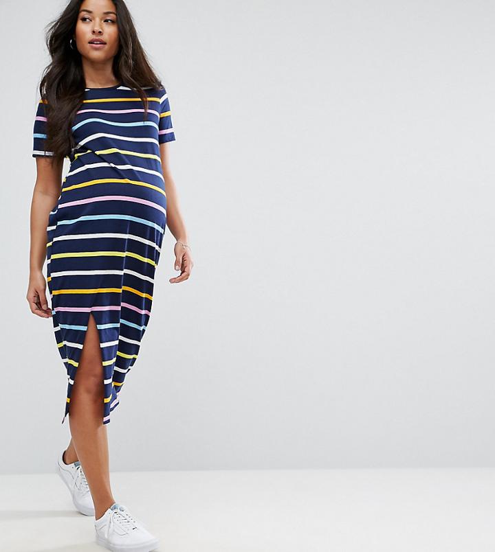 Asos Maternity T-shirt Midi Dress In Rainbow Stripe - Multi