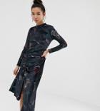 Reclaimed Vintage Inspired Midi Velvet Dress In Floral Art Print With Ruched Hem-black