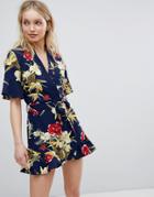 Parisian Floral Print Wrap Romper With Frill Detail - Navy