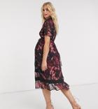 Hope & Ivy Maternity High Neck Midi Dress With Contrast Lace Trims In Fuchsia Floral-multi