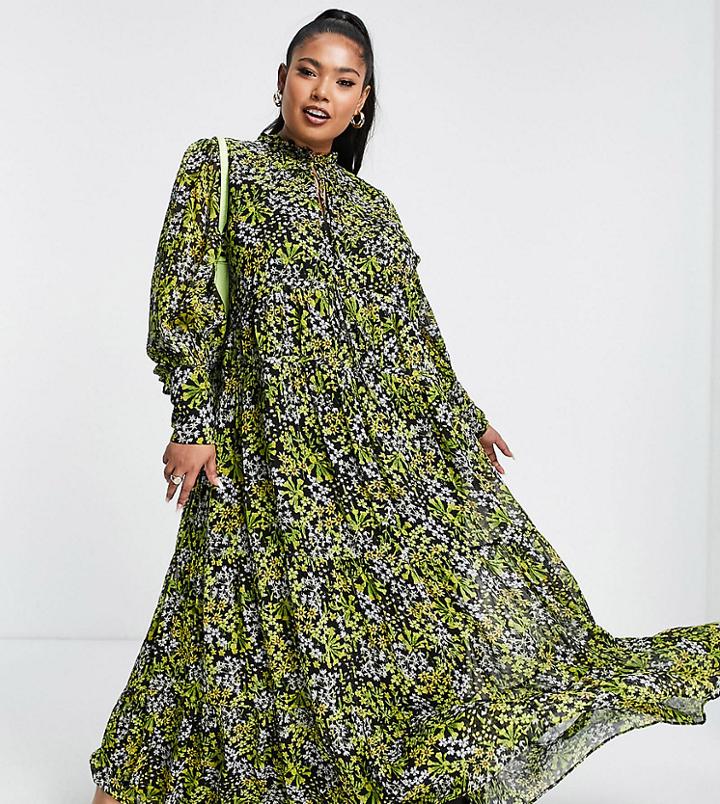Asos Edition Curve Tiered Maxi Dress In Ditsy Floral Print In Black