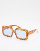 Asos Design Recycled Chunky 70s Sunglasses In Tort With Blue Lens-brown
