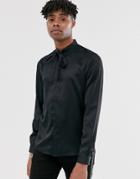 Asos Design Regular Fit Satin Shirt With Tie Neck In Black - Black