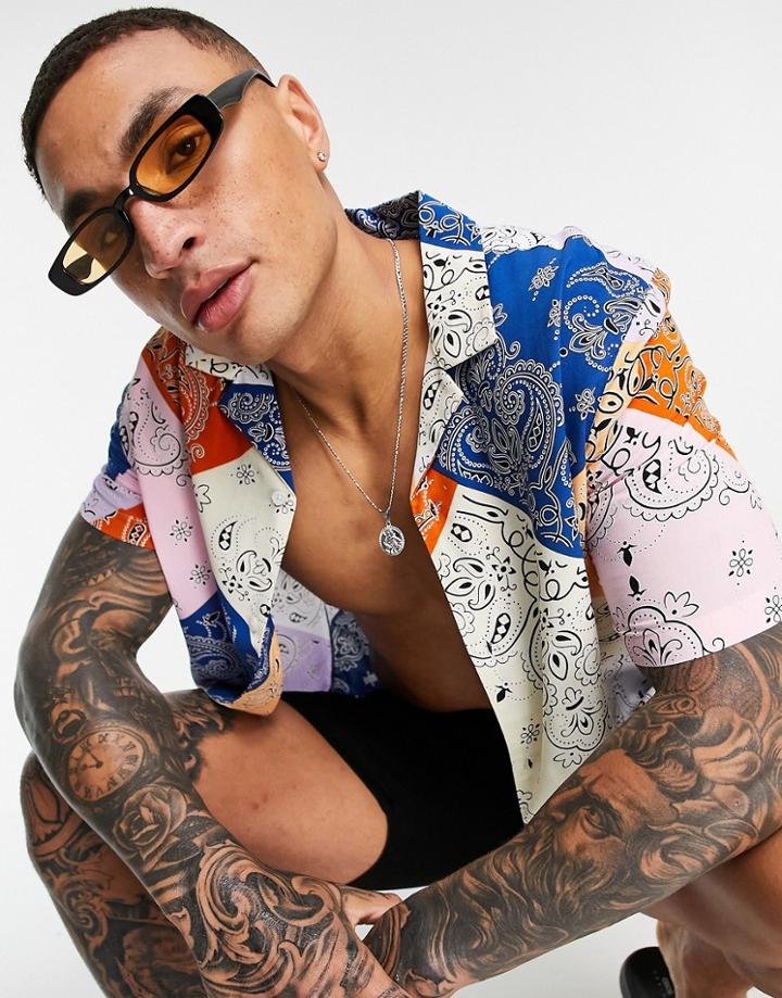 Asos Design Relaxed Revere Shirt In Paisley Patchwork Print-blues