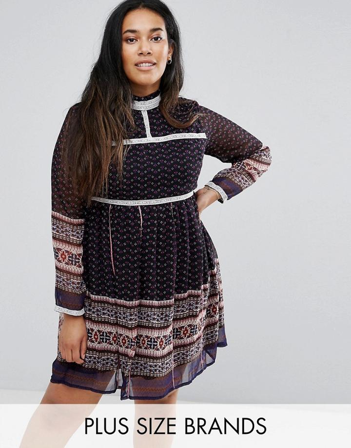 Diya Printed Dress With Lace Trim - Blue