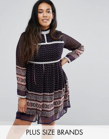 Diya Printed Dress With Lace Trim - Blue