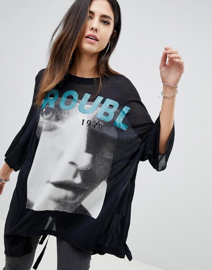 Diesel Long Line Printed T-shirt With Tie Back - Black