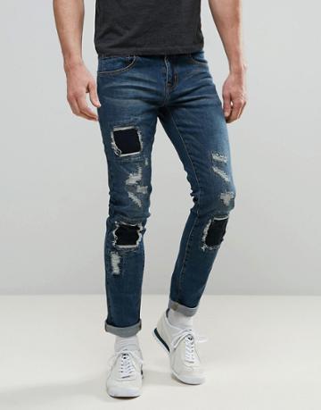 Always Rare Tyler Skinny Jean Mid Wash Patched Knees - Blue