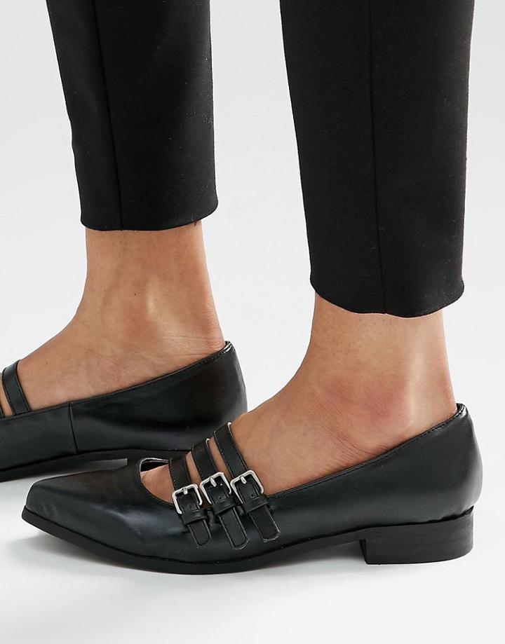 London Rebel Multi Strap Flat Shoes - Black
