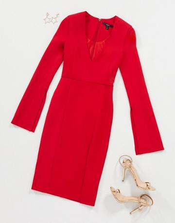 Aqaq V Neck Dress With Slit Deail In Red