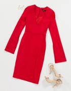 Aqaq V Neck Dress With Slit Deail In Red