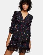 Topshop Ruffle Mini Dress In Multicolored Dot Print-black