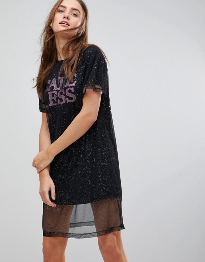 Chorus Mesh Overlay T-shirt Dress With Slogan-black