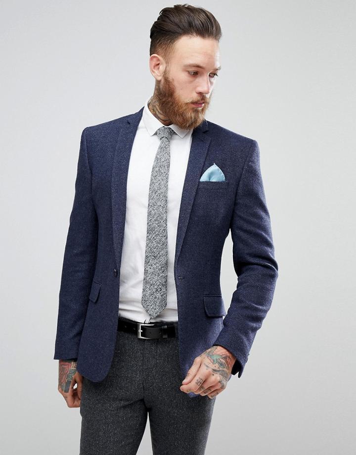 Asos Super Skinny Texture Blazer In Navy Wool Mix - Navy
