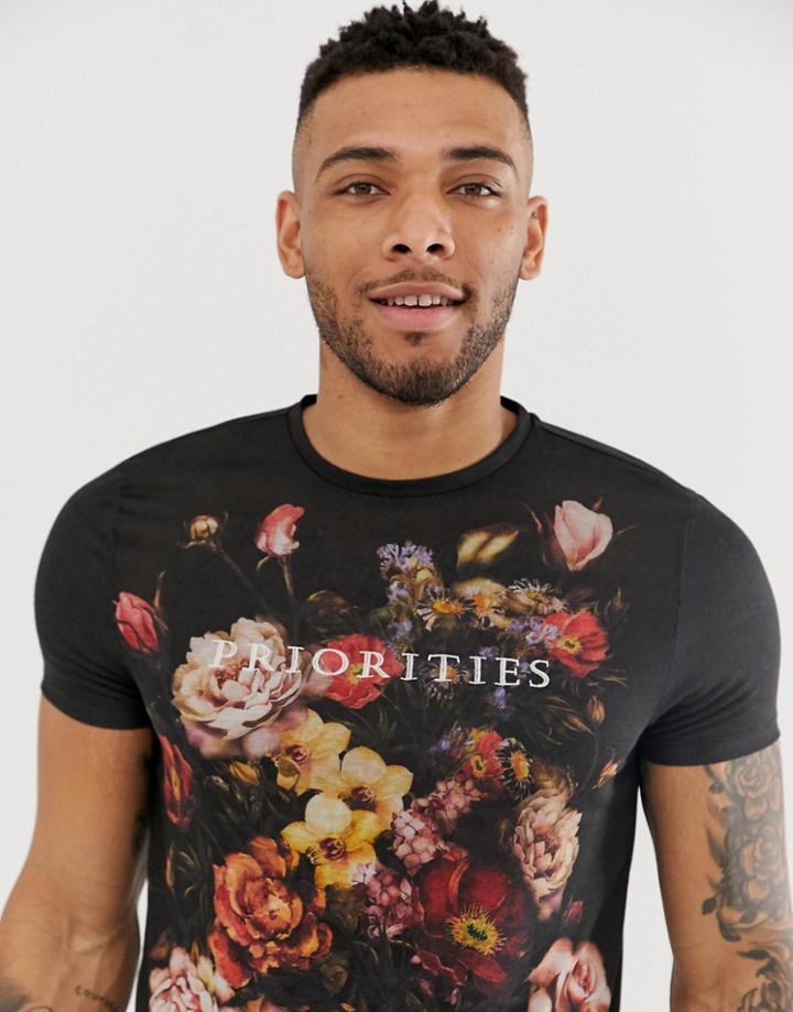 Asos Design T-shirt With Floral Print And Text Embroidery - Black