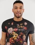 Asos Design T-shirt With Floral Print And Text Embroidery - Black