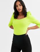 River Island Puff Sleeve Knitted Top In Lime-green