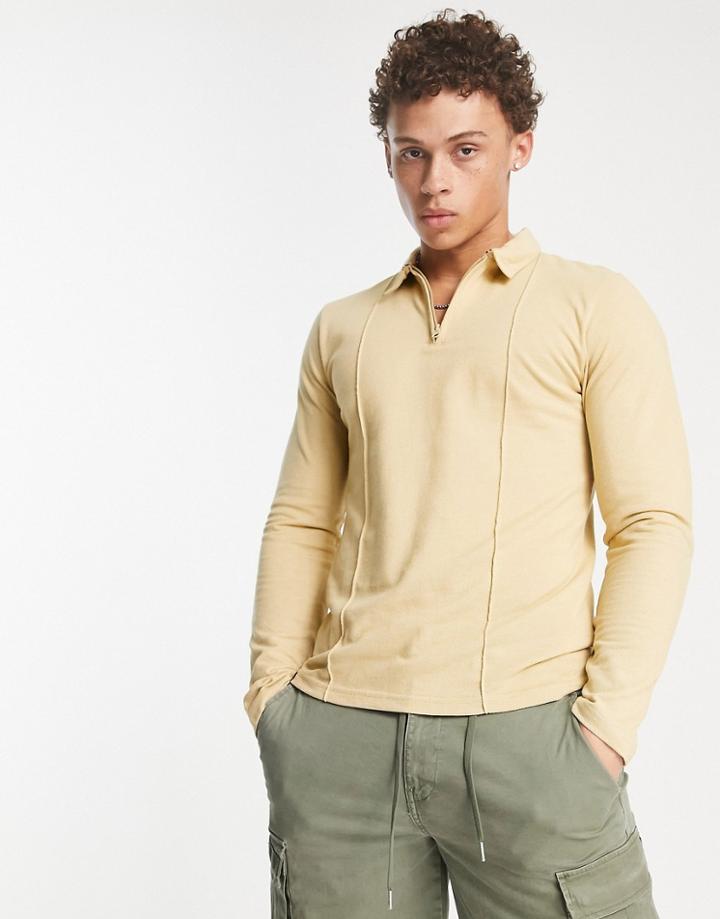 Le Breve Pique Long Sleeve Zip Polo In Stone-neutral