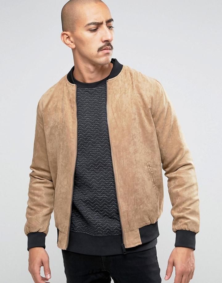 Brave Soul Faux Suede Bomber Jacket - Tan