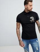 Versace Jeans Polo Shirt In Black With Gold Tiger Logo - Black