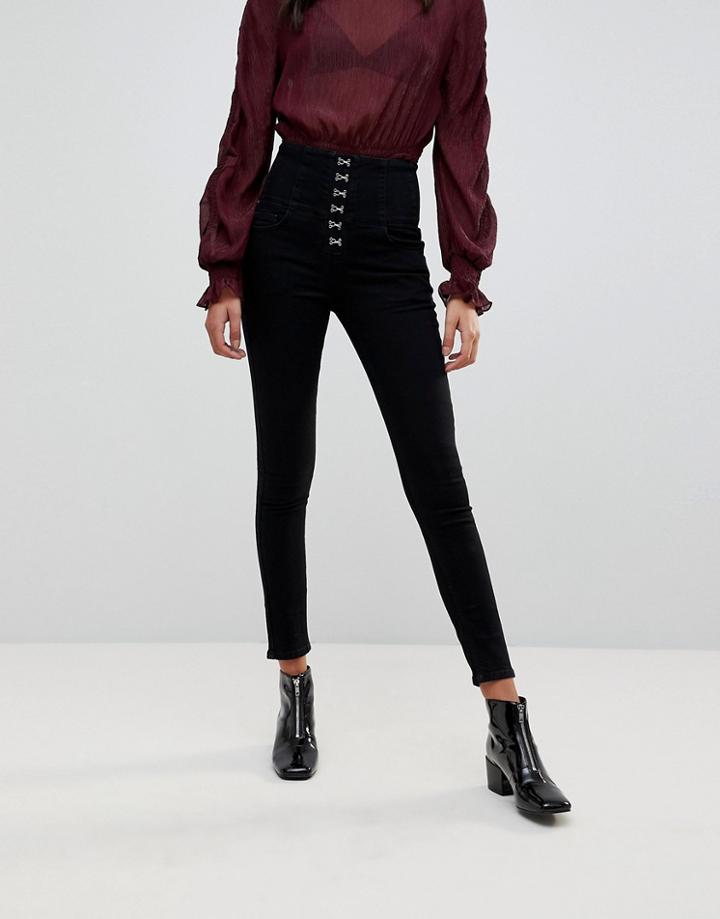 New Look Hook And Eye Lace Up Jeans - Black