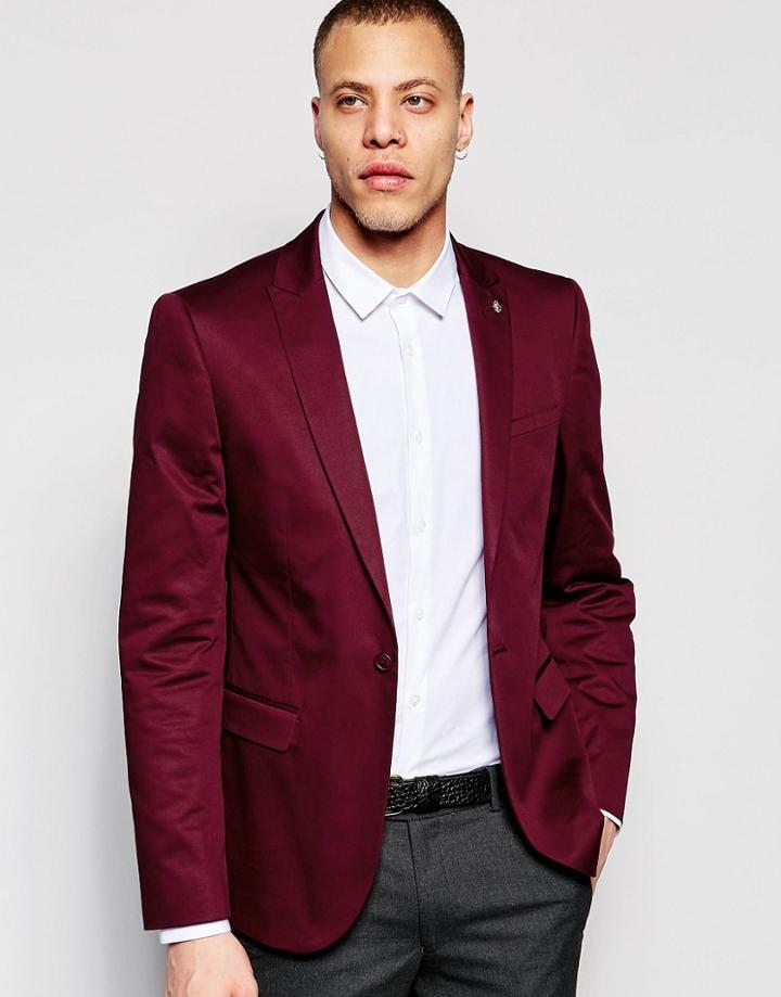Asos Skinny Blazer In Cotton - Burgandy