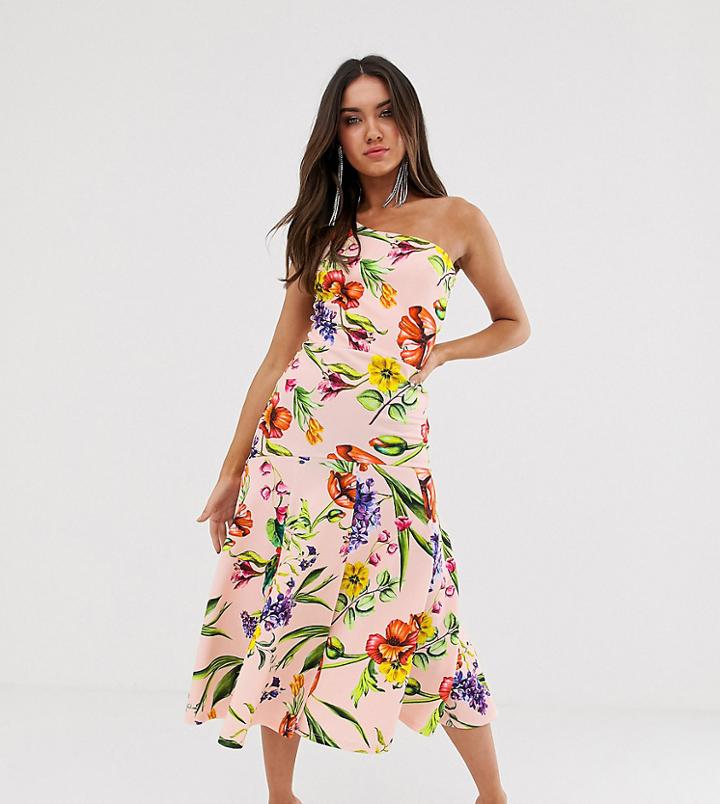 True Violet One Shoulder Skater Dress With Split In Multi Floral - Multi